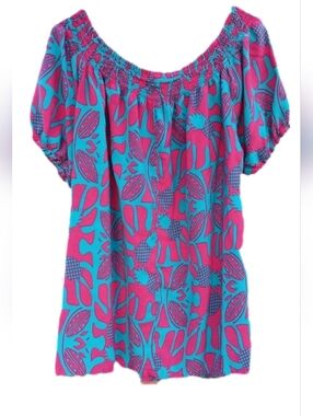 Hula Bay Blouse Vibrant Pink and Blue Hawaiian Print Size 2X